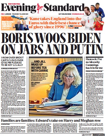 London Evening Standard Newspaper Front Page (UK) for 11 June 2021