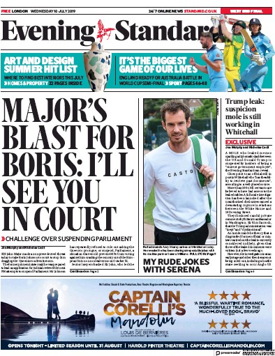 London Evening Standard Newspaper Front Page (UK) for 11 July 2019