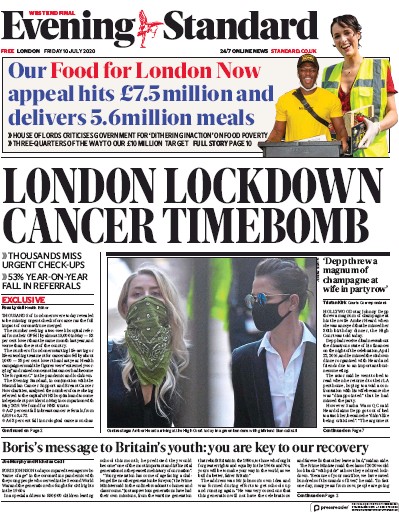 London Evening Standard Newspaper Front Page (UK) for 11 July 2020