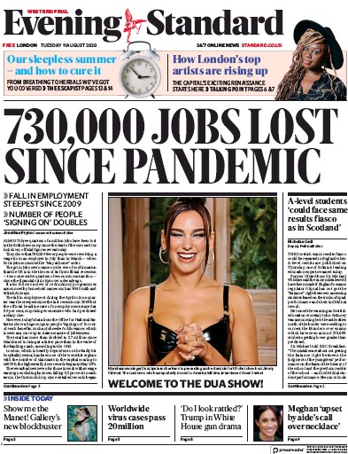 London Evening Standard Newspaper Front Page (UK) for 11 August 2020