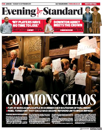 London Evening Standard Newspaper Front Page (UK) for 11 September 2019