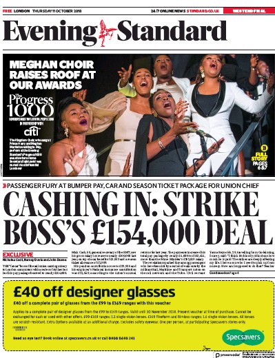 London Evening Standard Newspaper Front Page (UK) for 12 October 2018