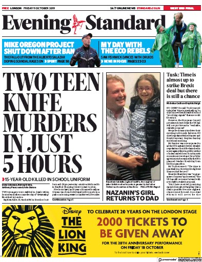 London Evening Standard Newspaper Front Page (UK) for 12 October 2019