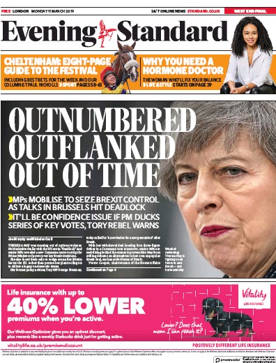 London Evening Standard Newspaper Front Page (UK) for 12 March 2019