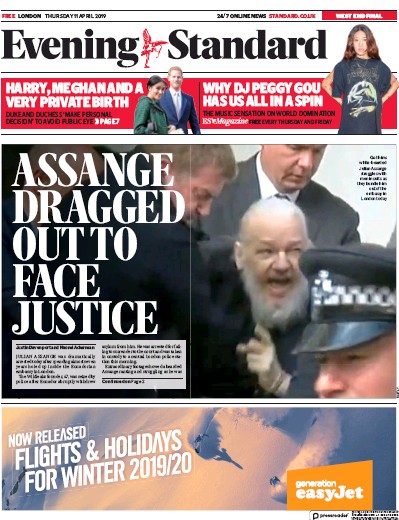 London Evening Standard Newspaper Front Page (UK) for 12 April 2019