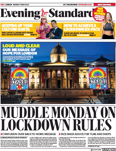 London Evening Standard Newspaper Front Page (UK) for 12 May 2020