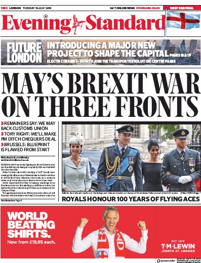 London Evening Standard Newspaper Front Page (UK) for 12 July 2018