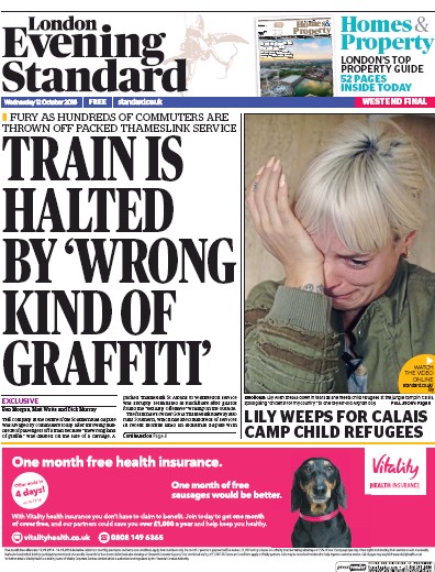 London Evening Standard Newspaper Front Page (UK) for 13 October 2016