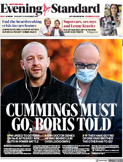 London Evening Standard Newspaper Front Page (UK) for 13 November 2020