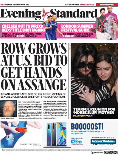 London Evening Standard Newspaper Front Page (UK) for 13 April 2019