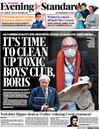 London Evening Standard Newspaper Front Page (UK) for 14 November 2020