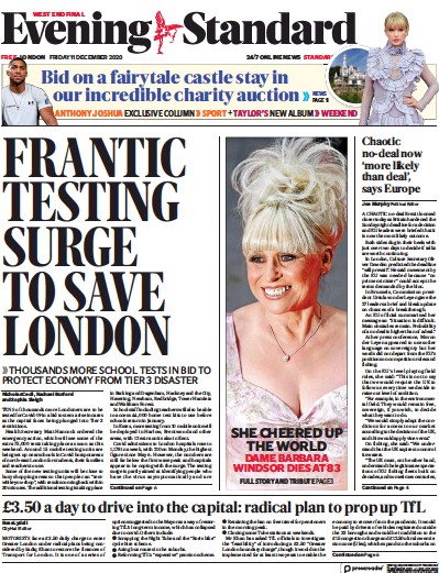 London Evening Standard Newspaper Front Page (UK) for 14 December 2020