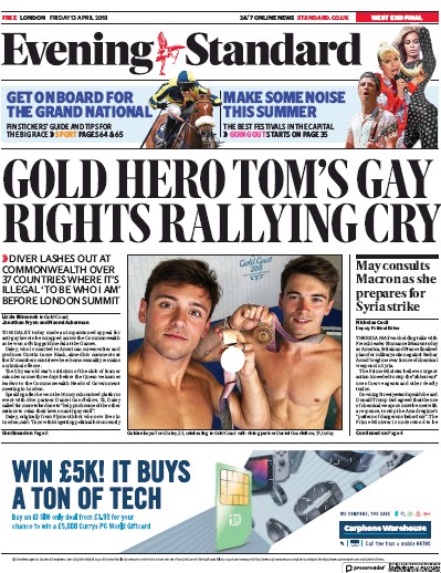 London Evening Standard Newspaper Front Page (UK) for 14 April 2018