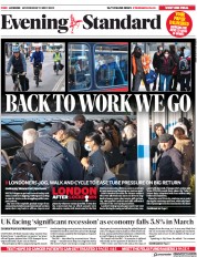 London Evening Standard (UK) Newspaper Front Page for 14 May 2020