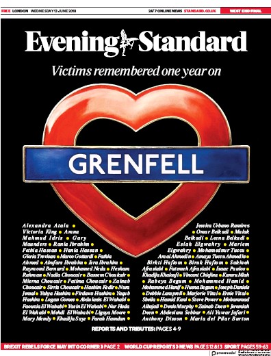 London Evening Standard Newspaper Front Page (UK) for 14 June 2018