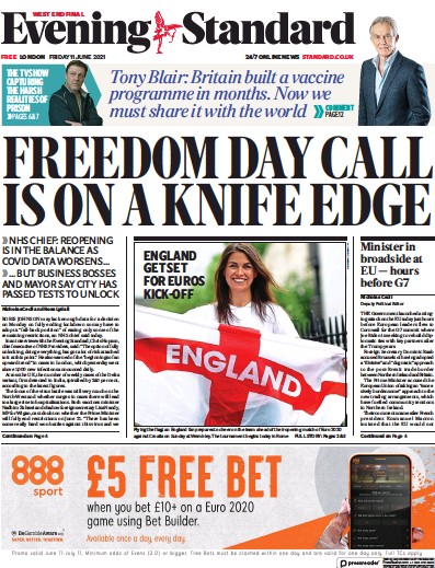 London Evening Standard Newspaper Front Page (UK) for 14 June 2021