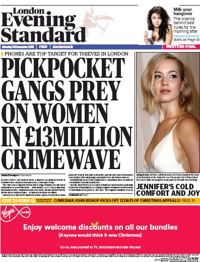 London Evening Standard Newspaper Front Page (UK) for 15 December 2015