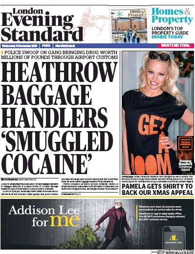 London Evening Standard Newspaper Front Page (UK) for 15 December 2016