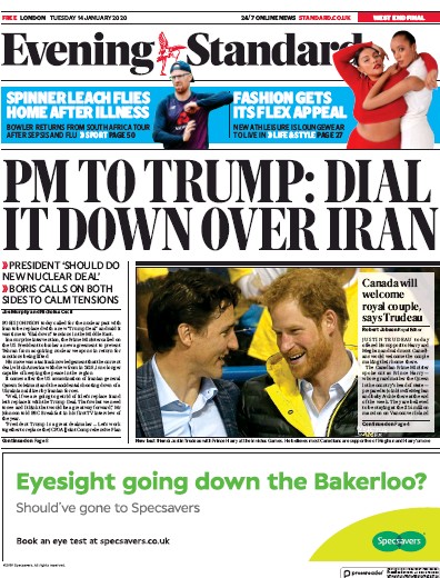 London Evening Standard Newspaper Front Page (UK) for 15 January 2020