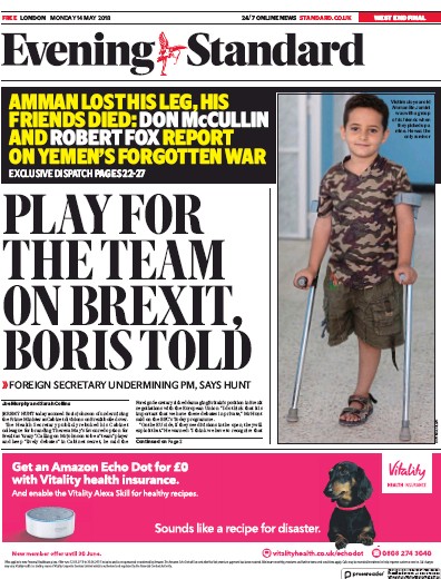 London Evening Standard Newspaper Front Page (UK) for 15 May 2018