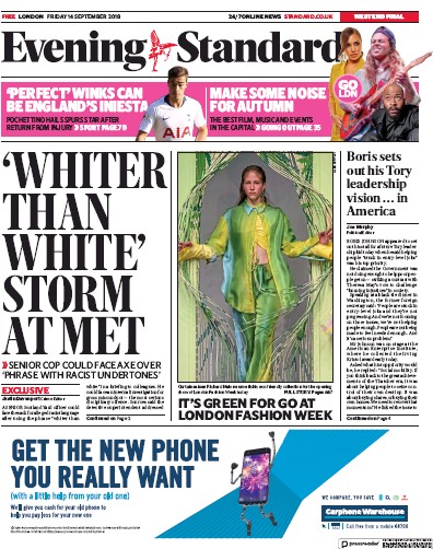 London Evening Standard Newspaper Front Page (UK) for 15 September 2018