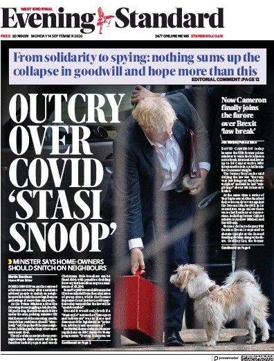 London Evening Standard Newspaper Front Page (UK) for 15 September 2020