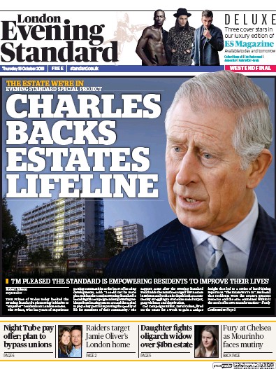 London Evening Standard Newspaper Front Page (UK) for 16 October 2015