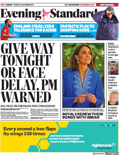 London Evening Standard Newspaper Front Page (UK) for 16 October 2019