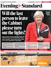 London Evening Standard (UK) Newspaper Front Page for 16 November 2018