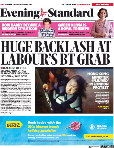 London Evening Standard Newspaper Front Page (UK) for 16 November 2019