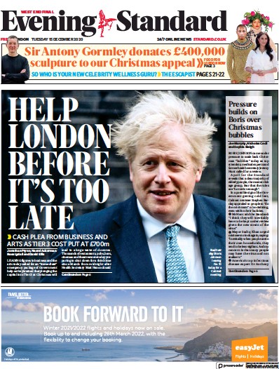 London Evening Standard Newspaper Front Page (UK) for 16 December 2020