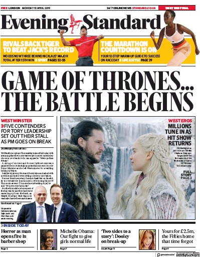 London Evening Standard Newspaper Front Page (UK) for 16 April 2019