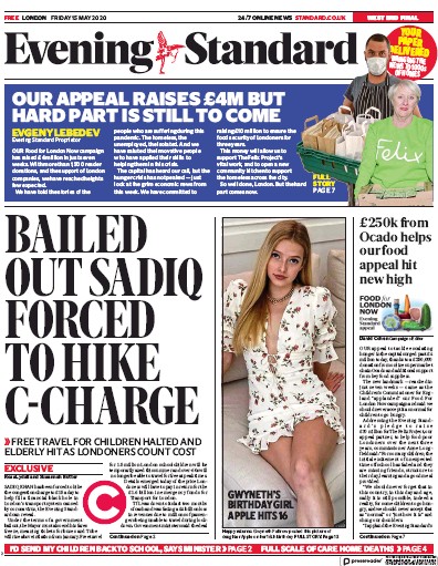 London Evening Standard Newspaper Front Page (UK) for 16 May 2020