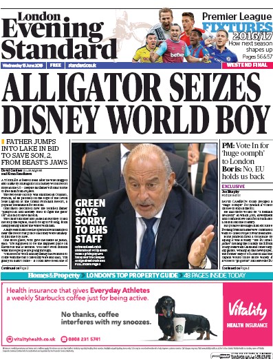 London Evening Standard Newspaper Front Page (UK) for 16 June 2016