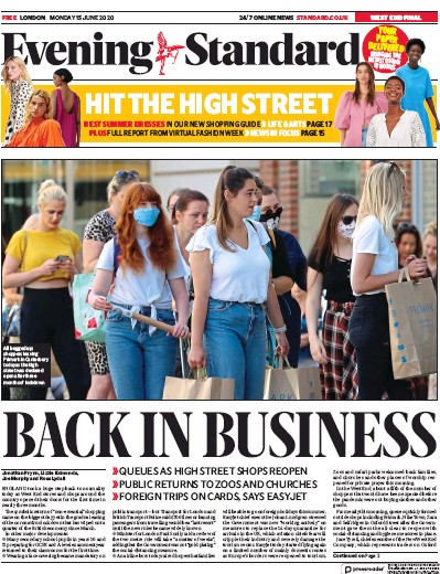 London Evening Standard Newspaper Front Page (UK) for 16 June 2020