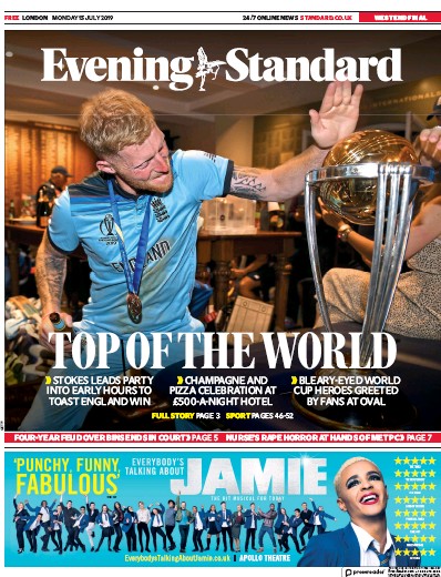 London Evening Standard Newspaper Front Page (UK) for 16 July 2019