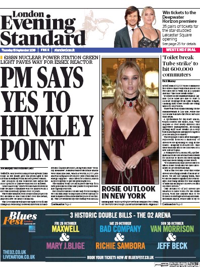 London Evening Standard Newspaper Front Page (UK) for 16 September 2016