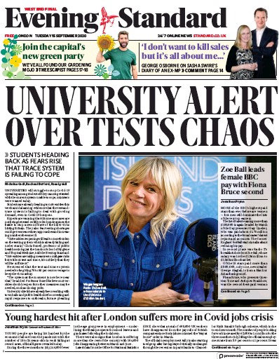 London Evening Standard Newspaper Front Page (UK) for 16 September 2020