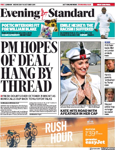 London Evening Standard Newspaper Front Page (UK) for 17 October 2019