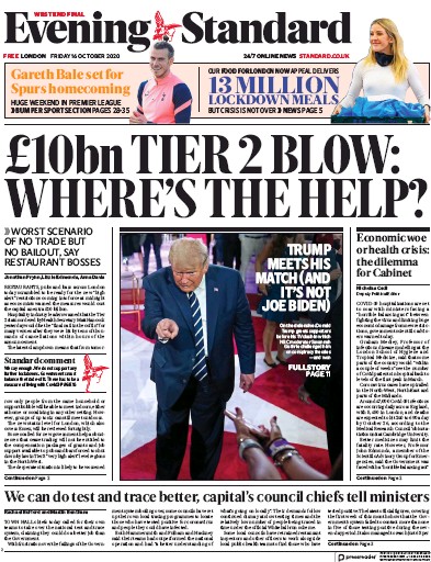 London Evening Standard Newspaper Front Page (UK) for 17 October 2020