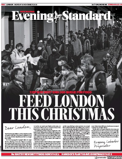 London Evening Standard Newspaper Front Page (UK) for 17 November 2020