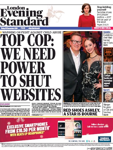 London Evening Standard Newspaper Front Page (UK) for 17 December 2016