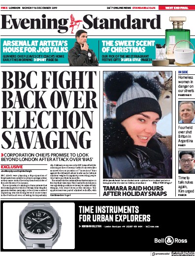 London Evening Standard Newspaper Front Page (UK) for 17 December 2019