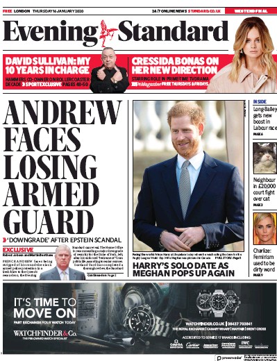 London Evening Standard Newspaper Front Page (UK) for 17 January 2020