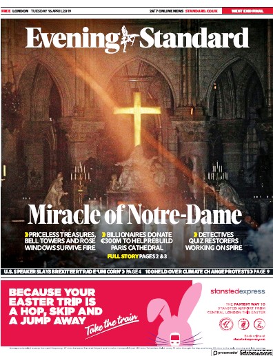 London Evening Standard Newspaper Front Page (UK) for 17 April 2019