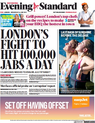 London Evening Standard Newspaper Front Page (UK) for 17 June 2021