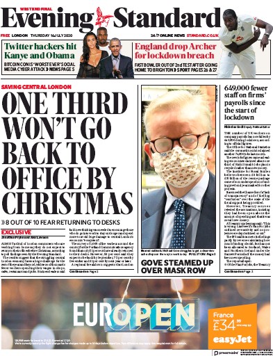 London Evening Standard Newspaper Front Page (UK) for 17 July 2020