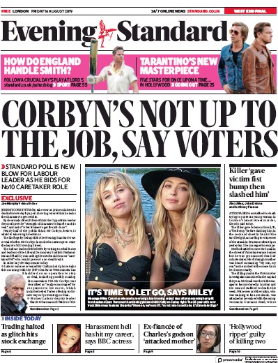 London Evening Standard Newspaper Front Page (UK) for 17 August 2019