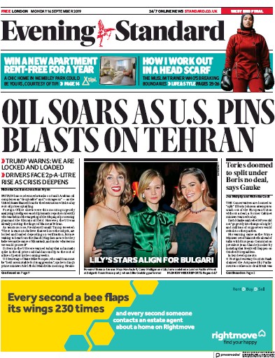 London Evening Standard Newspaper Front Page (UK) for 17 September 2019