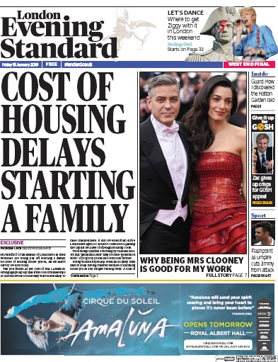 London Evening Standard Newspaper Front Page (UK) for 18 January 2016